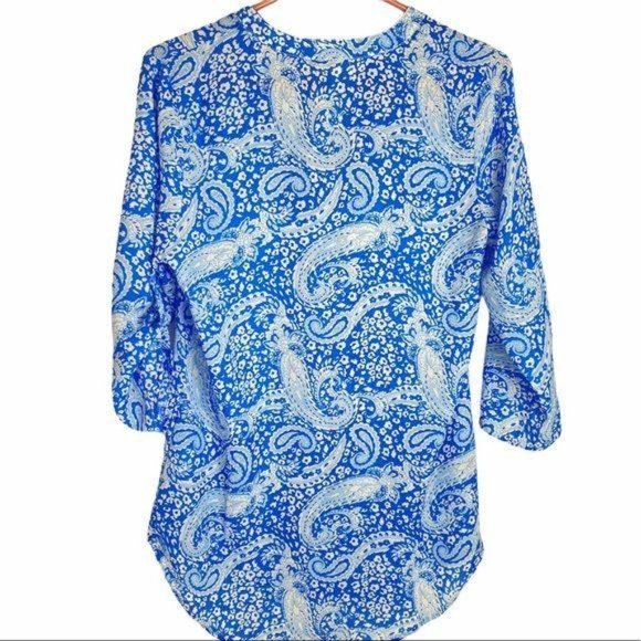 4/$25 Antilia Femme Top Blouse Tunic Blue Paisley 3/4 Roll Tab Sleeve Women Sz S - Picture 3 of 12